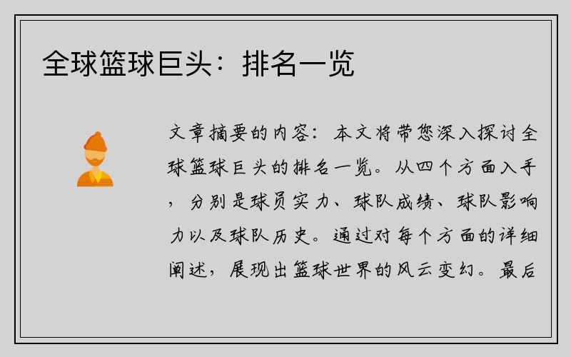 全球篮球巨头：排名一览